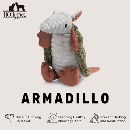 Hollypet Plush Dog Squeaky Toy Stuffed Armadillo Animal Pet Puppy Chew Toys with Clean Teeth for Small Medium Large All Breed Sizes Dogs, Olive Green, 8 in
