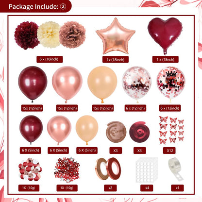 Burgundy Rose Gold Birthday Decorations with Happy Birthday Banner, Balloons, Sash, Crown, Butterfly, Hanging Swirls, Flower Tablecloth, Fringe Curtain, Pompoms for Women Girls Party Backdrop Supplies