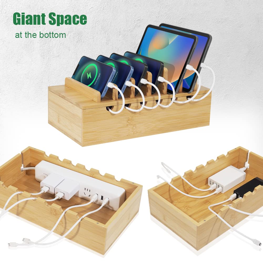 LEOKKARR Bamboo Charging Station for Multiple Devices, Desk Docking Stations Organizer Compatible with iPhone Devices, Wood Charging Cell Phone Holder Stand (Includes 6 Cables) (NO Power Supply)