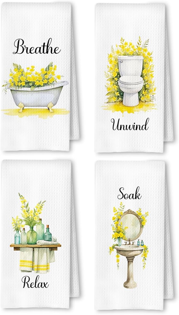 Farmhouse Yellow Botanical Bathroom Hand Towels, Relax Breathe Soak Unwind