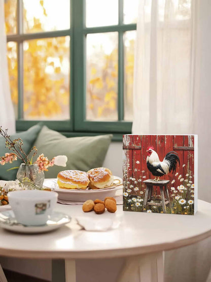 Wood Box Sign Desk Decor, Rustic Farmhouse Rustic Red Barn Rooster Wildflowers Decorative Wooden Block Box Sign Decorations for Home Office Shelf Table Decor 6x6 Inches