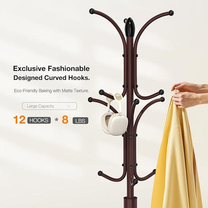 Coat Rack Freestanding,12 Hooks Metal Coat Racks with Umbrella Holder,Sturdy Hall Rree,Easy Assembly Coat Rack Stand for Hanging Scarf,Purse,Hats,Jacket(Brown)
