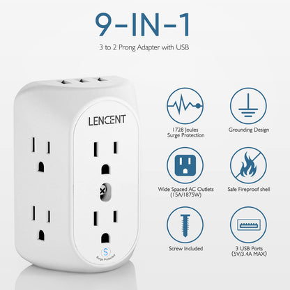 LENCENT 2 Prong Power Strip, 3 to 2 Prong Grounding Outlet Adapter 6 Outlet 1 Type C&2 USB 3.4A, Polarized Plug, 1728J Surge Protector, 3-Sided Wide Spaced Extender,Wall Mount for Non-Grounded Outlet