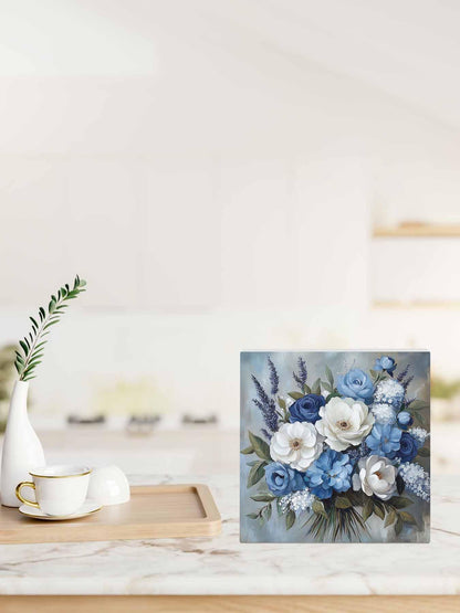 RisQiten Blue Spring Floral Home Room Office Decor Wooden Box Sign, Square Decorative Signs Plaques, Modern Art Flowers Pastoral Desk Decor Wood Block Plaque Shelf Table Decorations Gifts 6"x6"