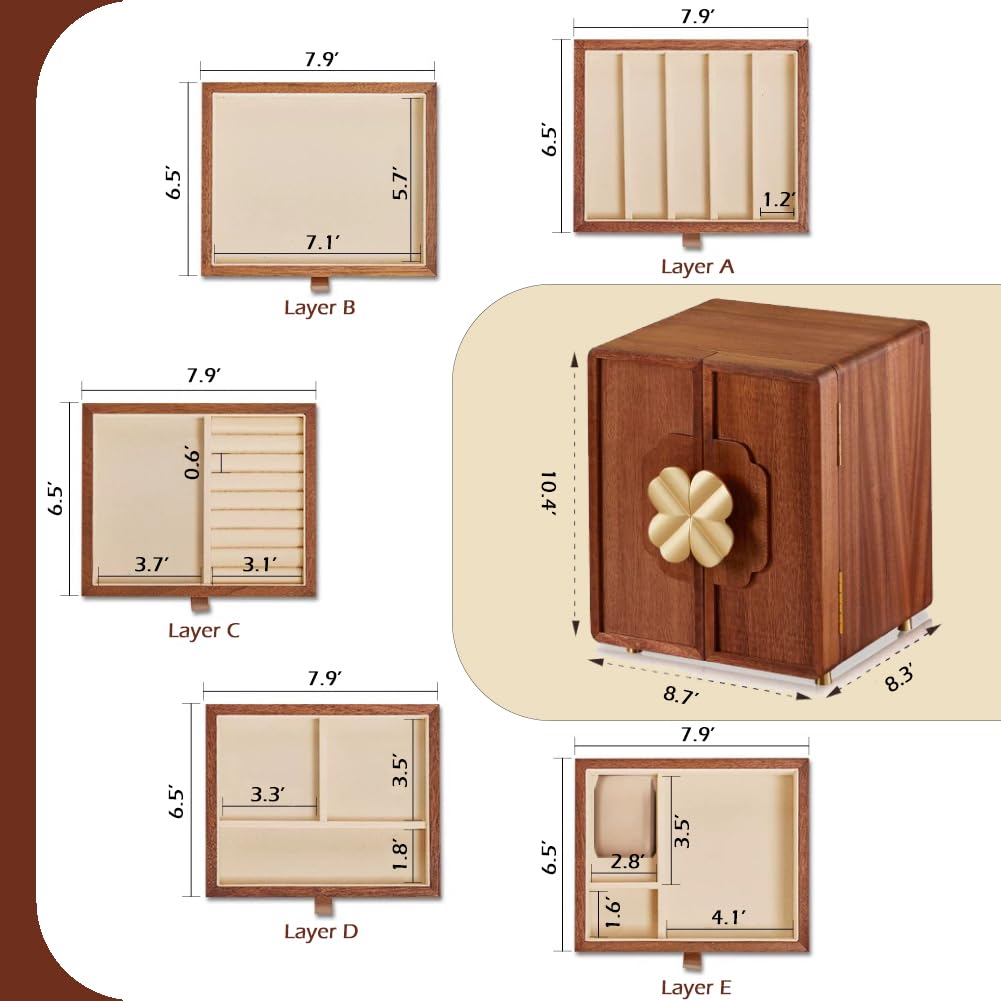 Amersis Wooden Jewelry Box 5 Layers Solid Wood Black Walnut Large Jewelry Organizer with Brass Handle for Necklaces Rings Earrings Watches Storage Ideal Gift Choice for Mother's Day