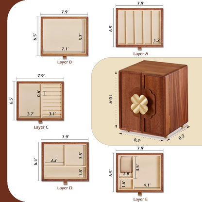 Amersis Wooden Jewelry Box 5 Layers Solid Wood Black Walnut Large Jewelry Organizer with Brass Handle for Necklaces Rings Earrings Watches Storage Ideal Gift Choice for Mother's Day