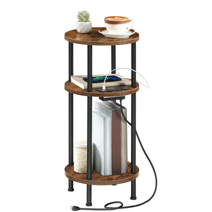 HOOBRO Small Round Side Table, 3-Tier Compact Sofa End Table with Charging Station, Circle Bedside Table Nightstand with Storage, for Small Space, Living Room, Bedroom, Rustic Brown BF219UBZ01