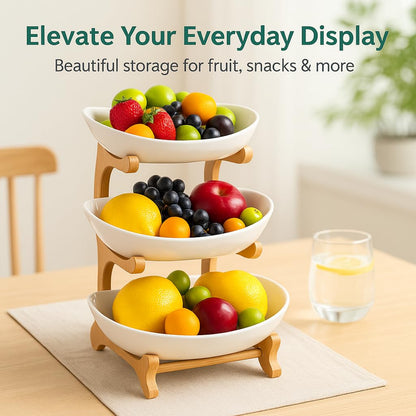 TOSCARA Bamboo Fruit Stand - 3 Tier Ceramic Fruit Bowls with Wooden Stand – Fruit Holder for Kitchen, Dining Table & Living Room – Decorative Countertop Organizer for Fruits, Vegetables & Snacks