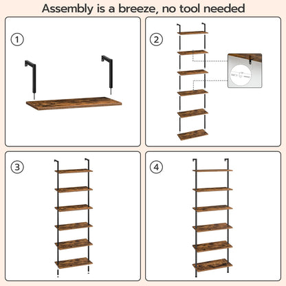 HOOBRO DIY Ladder Shelf, 6-Tier Wall Mounted Bookshelf, Office Vertical Bookcase, Wooden Storage Shelves for Home Office, Bedroom, Rustic Brown and Black BF65CJ01