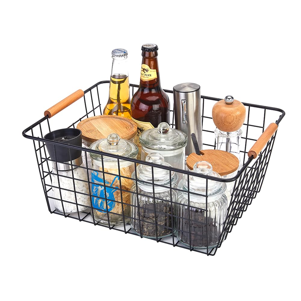 LeleCAT Large black wire baskets with Wooden Handles for storage pantry, Storage Organizer Baskets, Household Refrigerator for Cabinets, Closets, Bedrooms, kitchen - Set of 3 Black