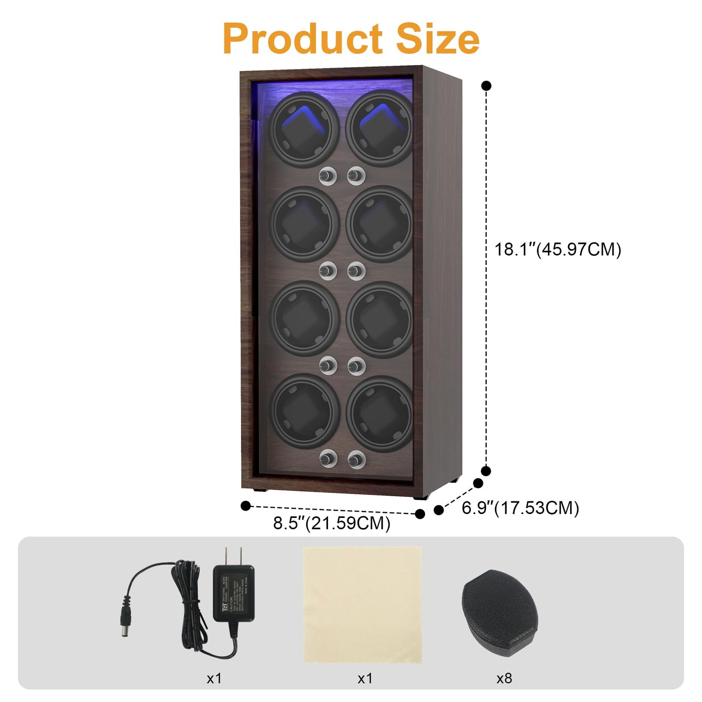 Domivans Watch Winder for Automatic Watches,8 Wooden Watch Rotating Case with LED Light,4 Rotation Modes, Elastic Watch Pillows Quiet Mabuchi Motor