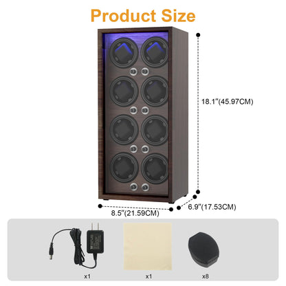 Domivans Watch Winder for Automatic Watches,8 Wooden Watch Rotating Case with LED Light,4 Rotation Modes, Elastic Watch Pillows Quiet Mabuchi Motor
