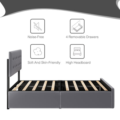 GAOMON Queen Bed Frame with 4 Storage Drawers and Adjustable Headboard, Grey Bed Frame Queen Size Platform Bed Frame with Large Storage and Wooden Slats Support, No Box Spring Needed, Noise-Free