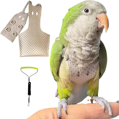Premium Genuine Cowhide Bird Flight Harness Anti Bite Breathable Parrot Diaper Parrot Suit with Leash for Parakeet Conure Quaker Flying Clothes Rope and Handle (with Leash,Sulphur-Crested Cockatoo)