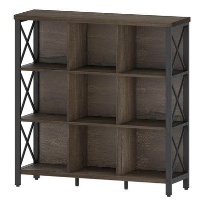 FATORRI 9 Cube Storage Bookshelf, Modern 4 Shelf Book Shelf, Wood and Metal Cubby Bookcase for Home Office (39.38 Inch W, Walnut Brown)