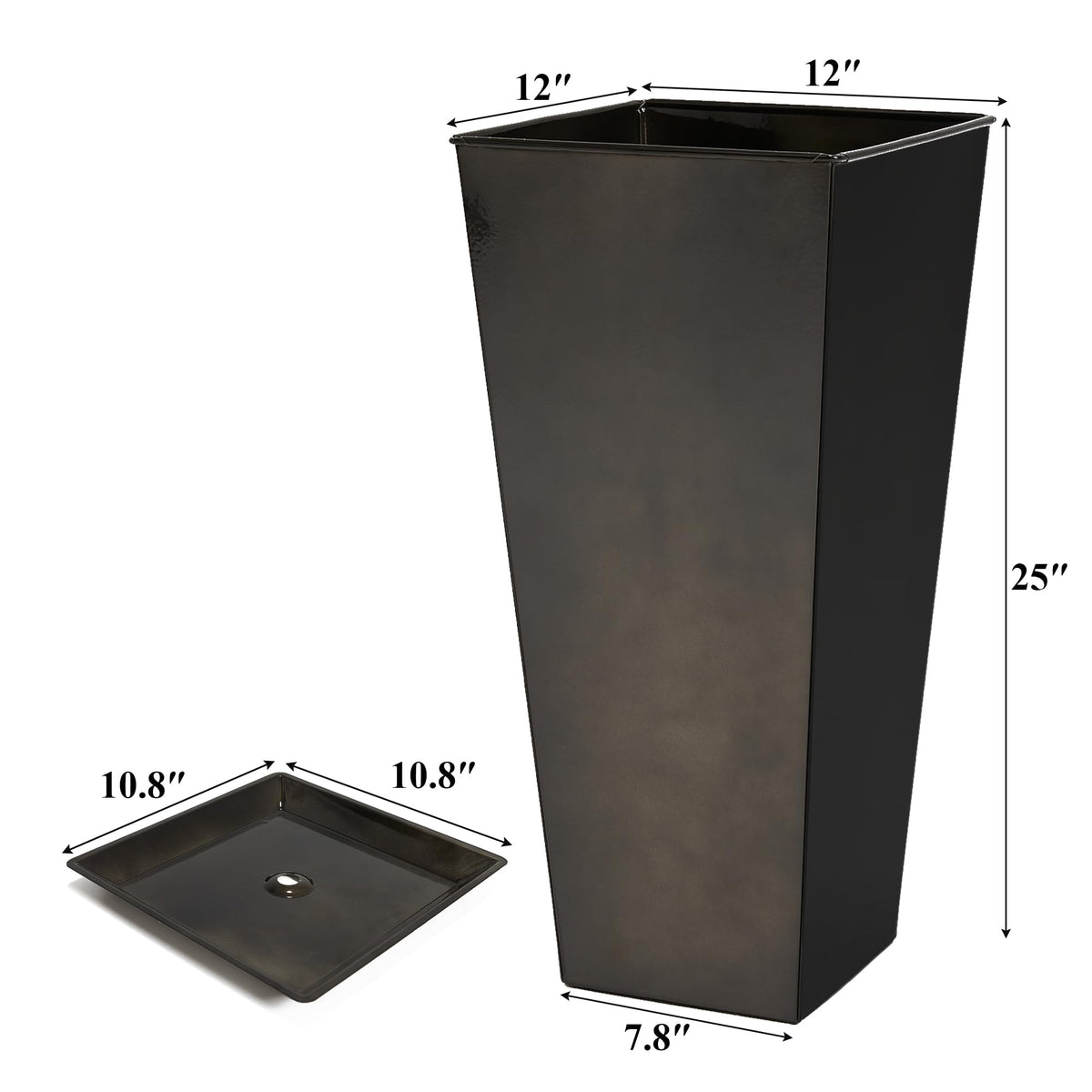 Worth Garden 25" Large Metal Glazed Planter Set of 2, Luxurious Glossy Finish Black Tall Square Tapered Steel Plant Pots, Decor Flower Pot Indoor & Outdoor, Drainage Hole & Dual-Purpose Plant Saucer