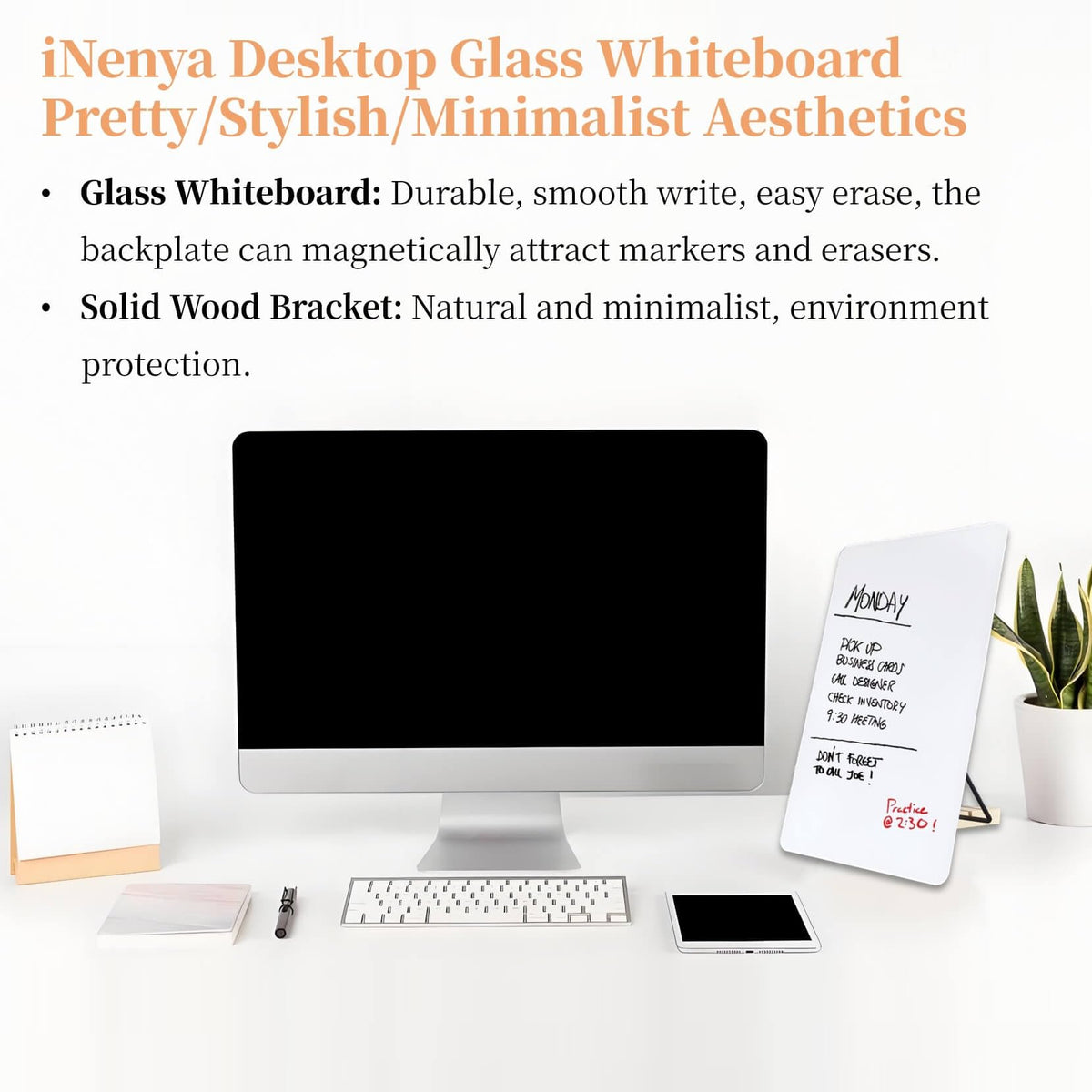 iNenya Glass White Board with Stand,Magnetic Mini Dry Erase Board for Desk,Small Desktop Whiteboard with Solid Wood Bracket