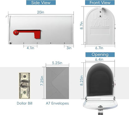 BlissBoard Metal Mailboxes Post Mount, Galvanized Steel Outside Mail Box, Standard Medium Capacity, 20 x 8.7 x 6.7 Inches, White