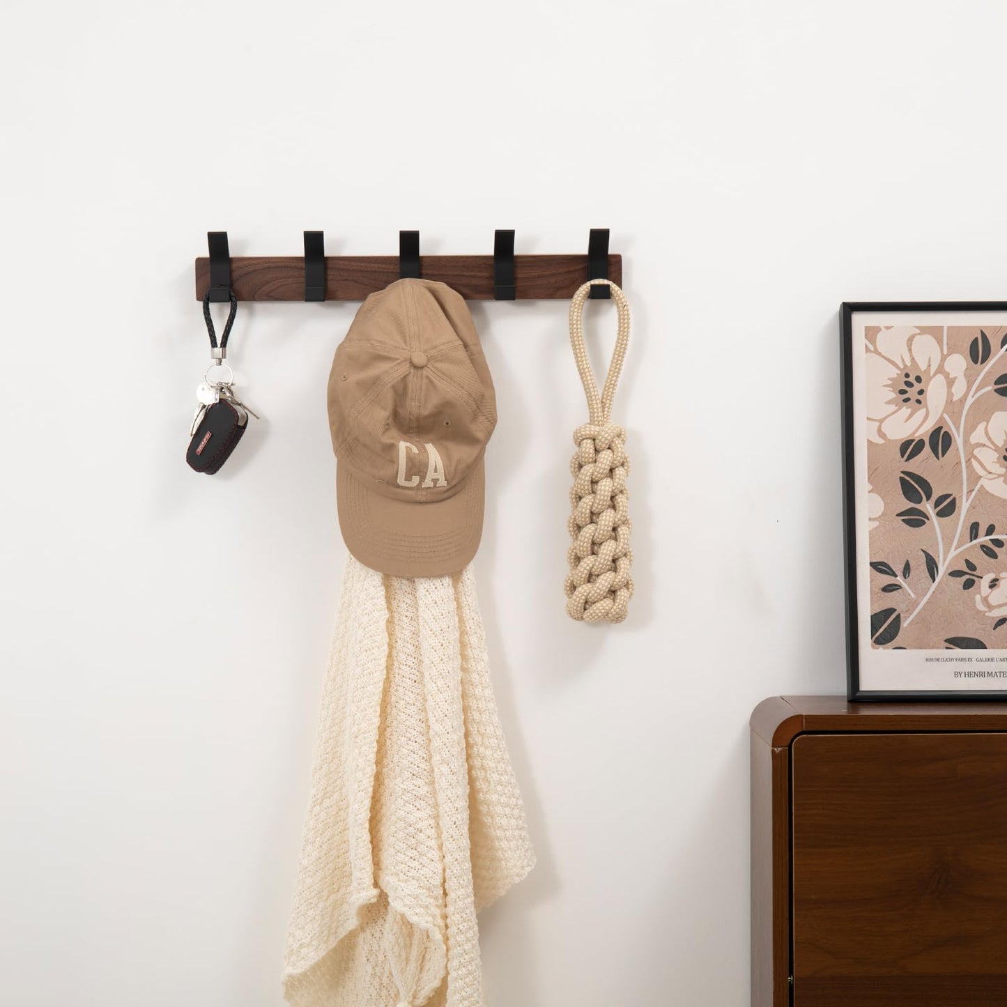 Jadorn Coat Rack Wall Mount - 16.9 Inches Coat Rack Wall Mount with 5 Hooks Walnut Wood Coat Hooks Wall Mounted Rustproof Coat Hanger Black Aluminum Wall Hooks for Hanging Coat Hat Backpack Key