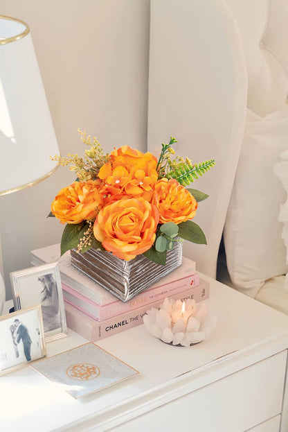 DILATATA Artificial Flower Arrangement, 8'' Orange Roses Peonies Hydrangeas in Wooden Planter, Rustic Fake Flowers in Pot for Home Decor Living Room - 1PC