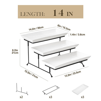 MALACASA 3 Tier Serving Tray, Porcelain Tiered Cupcake Stand, Ceramic Elevated Serving Platter with Collapsible Sturdier Rack,Series PLAT (White, 14 Inch)