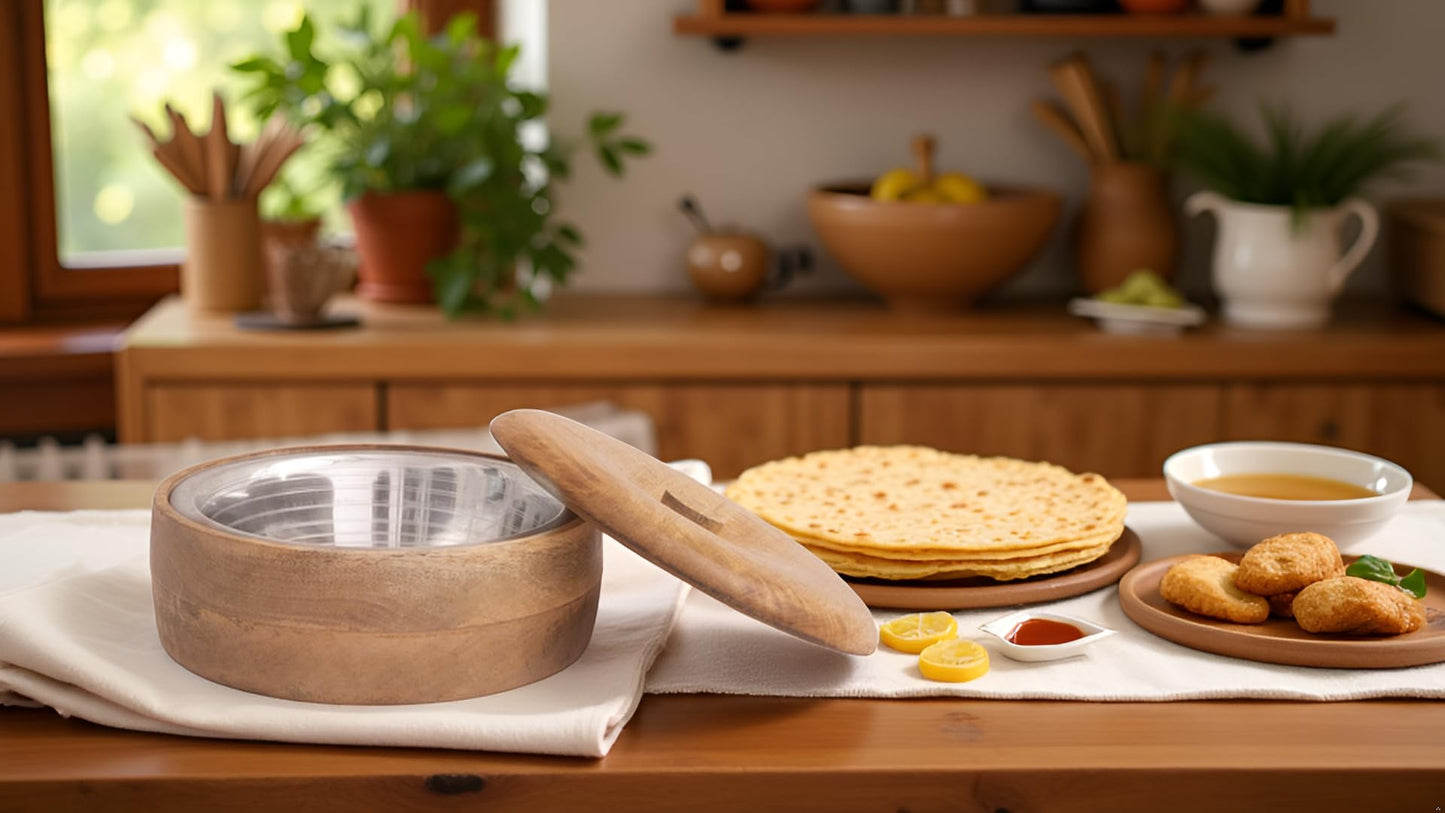Handcrafted Wooden Mexican Tortilla Warmer Basket Indian Chapati Roti Bread Holder Box Pancake Keeper Serveware Hot Pot Casserole Dish With Lid Home Kitchen Dining Decor, Natural Brown, 9 x 3 Inches