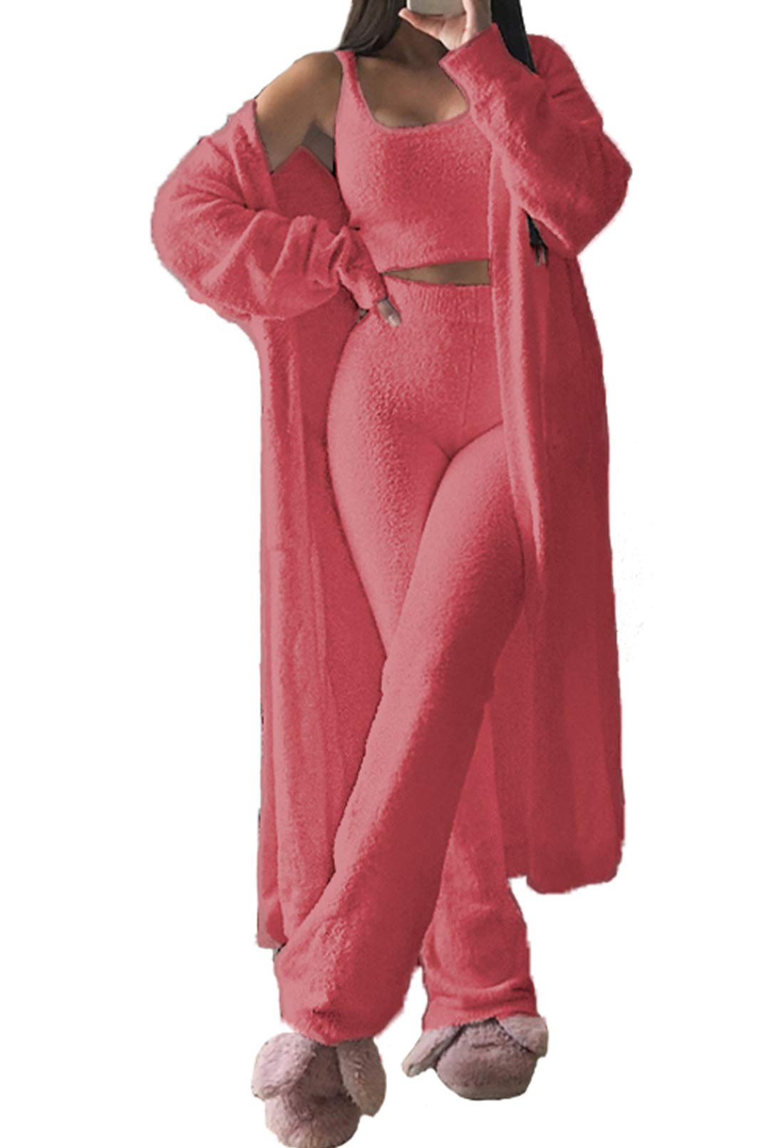 Three Piece Fleece Outfits for Women Warm Cardigan Cover Up Crop Tank Top Palazzo Pants Tracksuit Pink S