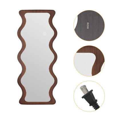 osemy 65"x 24" Irregular Wavy LED Full Length Mirror with Lights Wood Frame Full Body Mirror, Free Standing/Wall Mounted/Leaning for Dressing Bedroom Living Room Walnut Brown