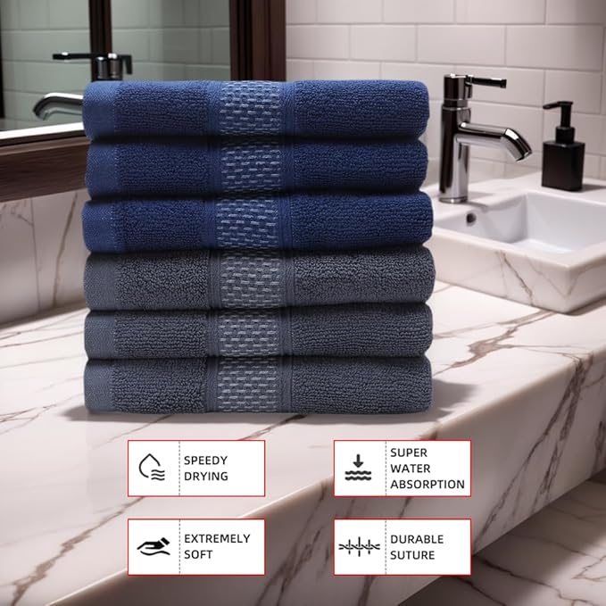 Cotton Hand Towels Set, 6-Piece Set, Super Absorbent Quick Drying, Bathroom