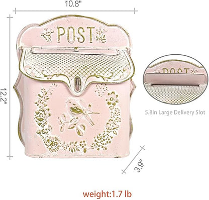 Mailbox Wall Mount Mailboxes for Outside Vintage Mail Boxes for House Outside Metal Drop Box Antique Style Nostalgic Charm Home Decorative, Bird Pattern, Pink