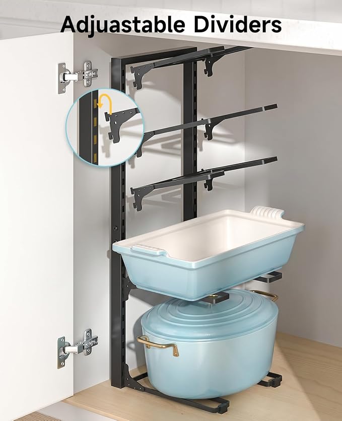 MUDEELA Pots and Pans Organizer Rack under Cabinet 23.62" Height, 10-Tier Adjustable Heavy Duty Pot and Pan Organizer Rack inside Cabinet for Kitchen Organizer Cast-iron Pans, Heavy Cookware