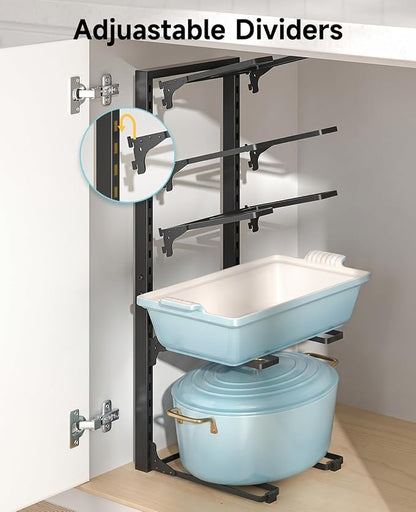 MUDEELA Pots and Pans Organizer Rack under Cabinet 23.62" Height, 10-Tier Adjustable Heavy Duty Pot and Pan Organizer Rack inside Cabinet for Kitchen Organizer Cast-iron Pans, Heavy Cookware