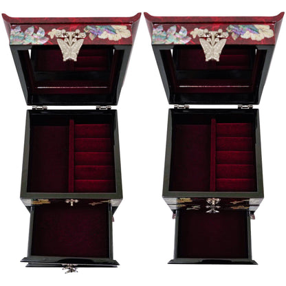 February Mountain Mother of Pearl Jewelry Box with 2 Drawers Gifts for Women Mom Wife Best Friend Birthday Mothers day Wedding Valentine Day (Red)