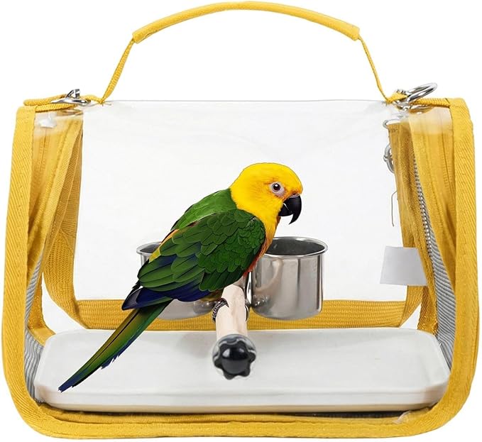 Ventilated Bird Carrier, Travel Backpack with Perch Stand, 36cm Pet Transport Bag with Breathable Mesh Panels, Aviary Carrier with Clear Window Design, Bird Travel Bag for Camping Hiking Trips