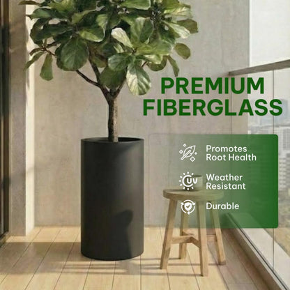 Wil & Vic 89s 15.7'' H x 7.9'' Dia (6.1'' Pot Opening) Jupiter Fiberglass, Cylinder Tall Planter with Drainage Hole, Lightweight, Durable Minimalist Home Decor, Included Extra Coco Mats, Black