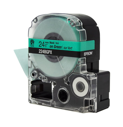 Epson LABELWORKS 224BGPX Genuine PET (Polyester) Tape Cartridge - Black on Green Label Maker Tape - 1" (24MM) Wide, 30'