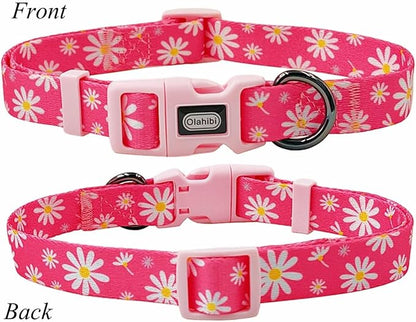 Dog Collar Leash Set, Floral Pattern, Polyester Material, Adjustable Collar and 5ft Matching Leash, for Small Dogs.(S, Pink Daisy)