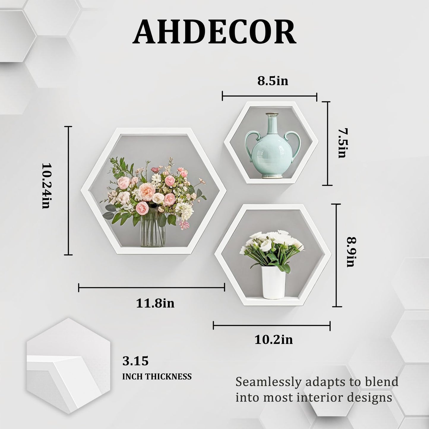 ZGZD Set of 3 White Wooden Hexagon Wall Shelves - Modern Decorative Storage for Home, Kitchen, Office Stylish Floating Shelves for Small Plants, Books, and Decor
