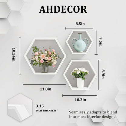 ZGZD Set of 3 White Wooden Hexagon Wall Shelves - Modern Decorative Storage for Home, Kitchen, Office Stylish Floating Shelves for Small Plants, Books, and Decor