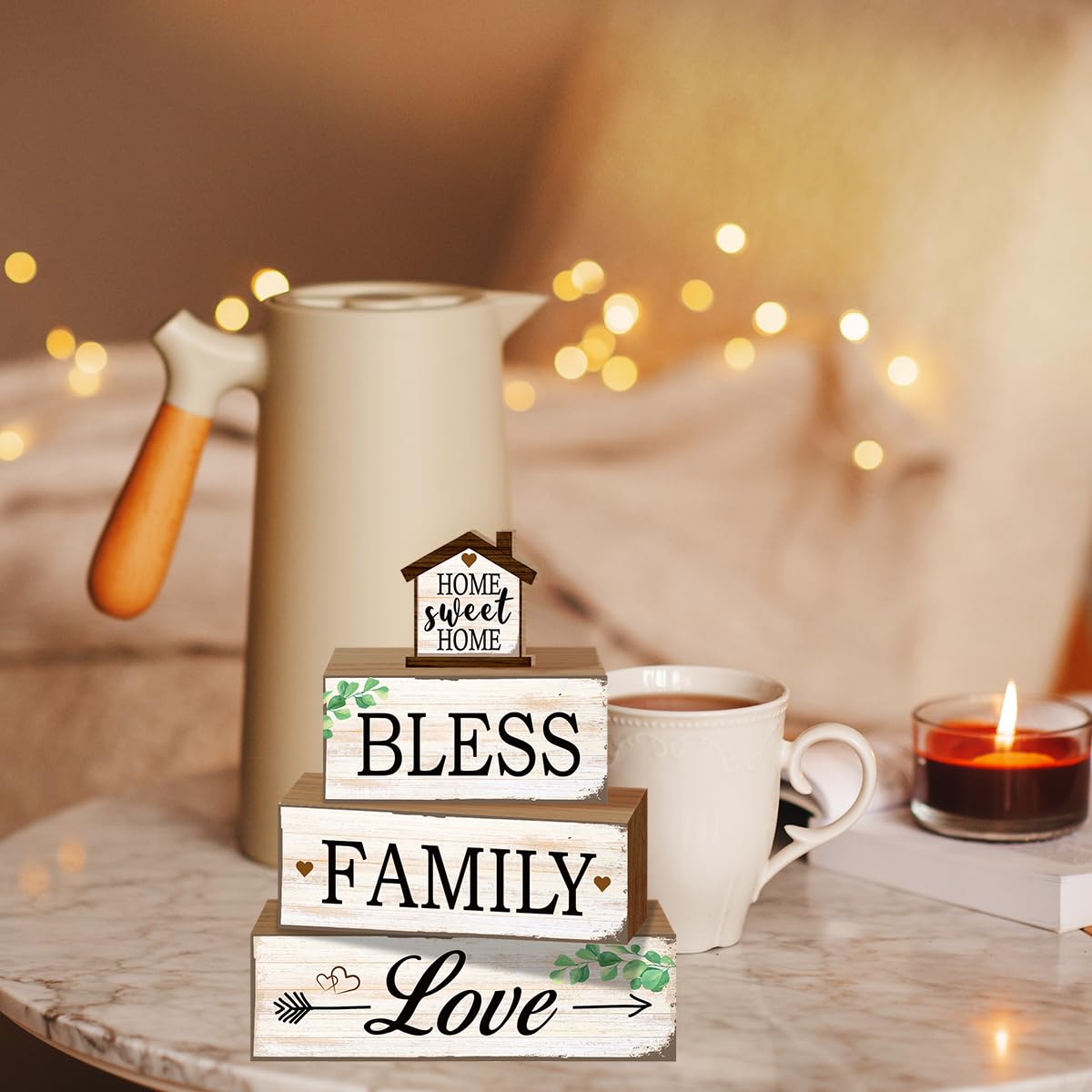4 Pcs Sweet Home Table Decoration,Bless Family Love Wooden Block Signs,Farmhouse Table Centerpiece for Living Room Entryway Table Mantel Kitchen Counter Decor