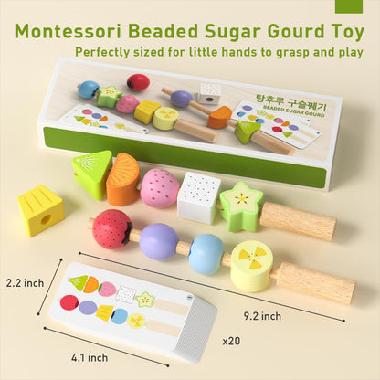 Wooden Montessori Lacing Beads Toy for Toddlers 2 3 4 5 Years Old, Fruit Themed Stringing Beads with Hard Rod & Pattern Cards, Fine Motor Skills Educational Sensory Toy for Boys Girls, Birthday Gift