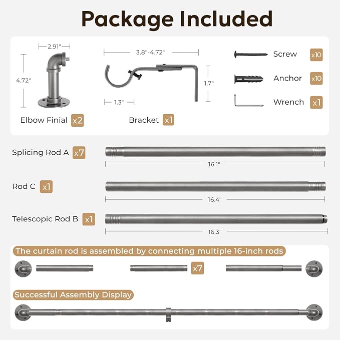 Zeerobee Curtain Rods for Windows 72 to 144, 1 Inch Industrial Wrap Around Grey Curtain Rod, Indoor/Outdoor Room Divider Adjustable Drapery Pole, 72"-144"