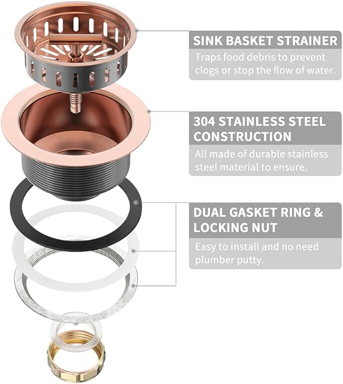 KONE Copper Sink Drain 3.5 Inch Kitchen Sink Drain Assembly Stainless Steel