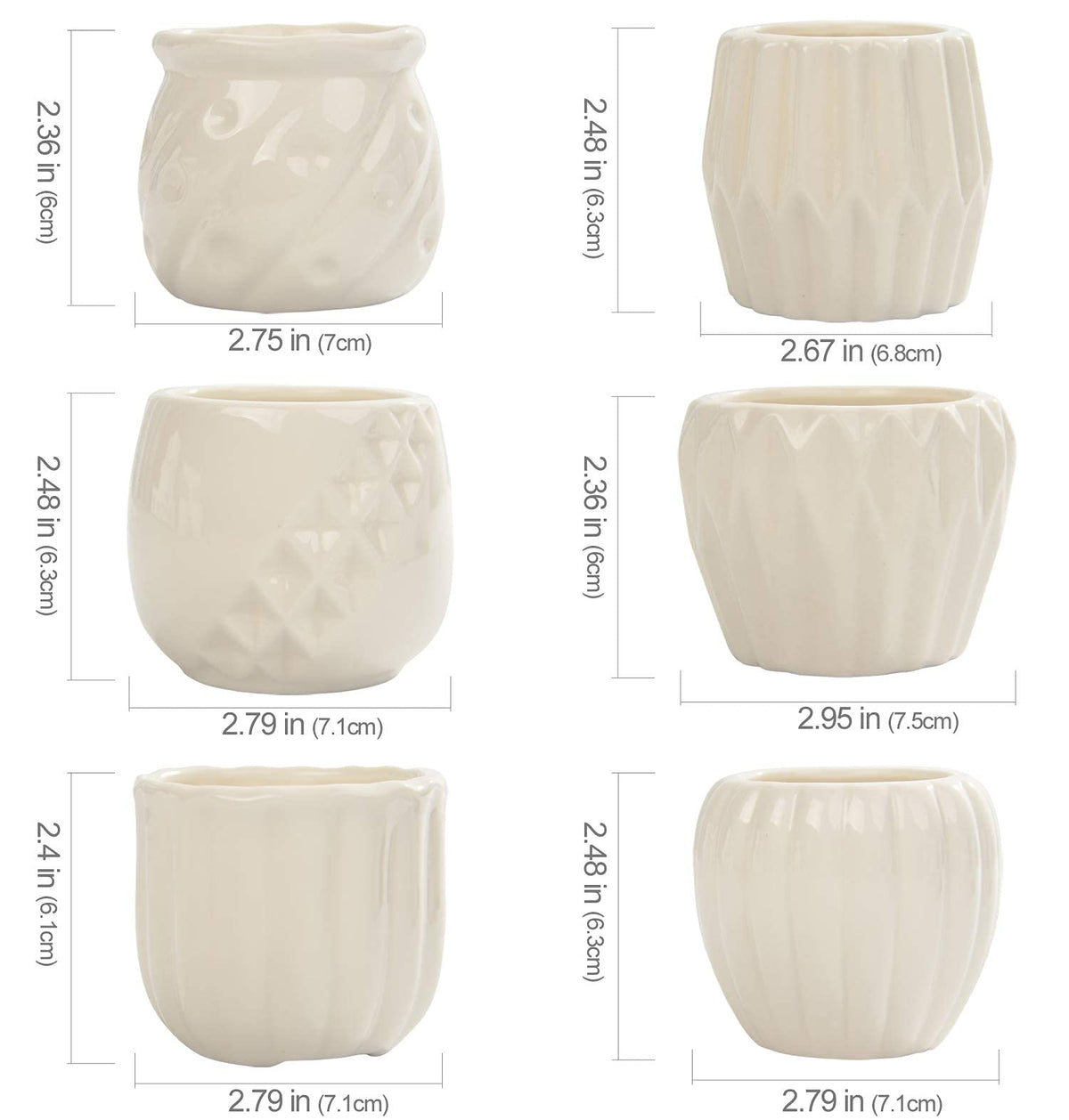 B SEPOR Set of 6 White Simple Porcelain Planters for Small Plant Pots Baby Succulent Cactus with Drainage and Saucer for Home Office Decoration Gift(White Stripes)