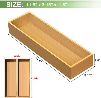 guiogc Bamboo Drawer Silverware Organizer 11.5" x 3.15" x 1.8" Set of 2 | Flatware Organizers, Multi-purpose Storage Box, For Kitchen, Offices and Dressing table, Bamboo Material