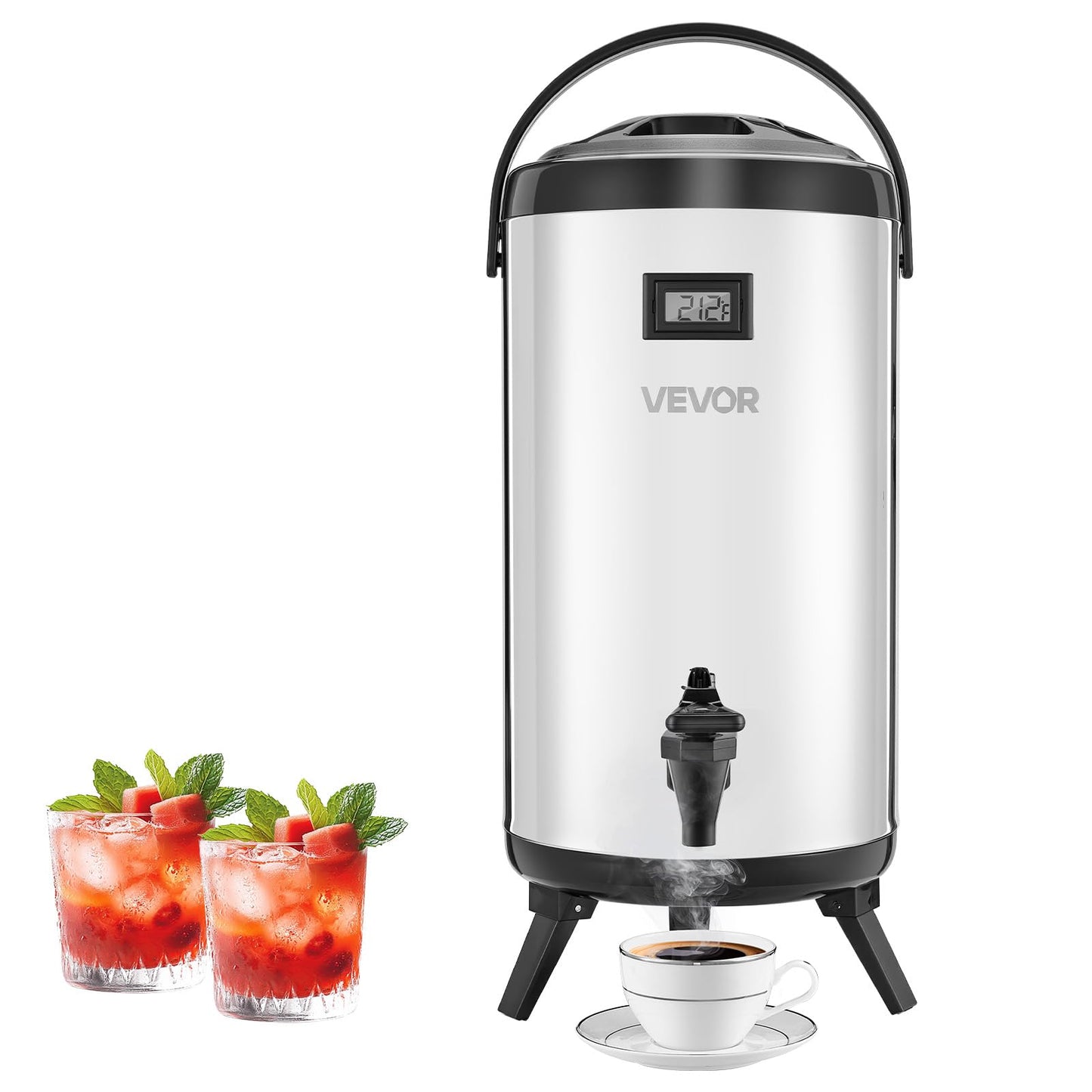 VEVOR Insulated Beverage Dispenser, 2.4 Gal/9.2L Stainless Steel Thermal Drink Server with Spigot & Temp Display, Suitable for Hot and Cold Drinks, for Tea Coffee Water in Cafes & Restaurants, Silver
