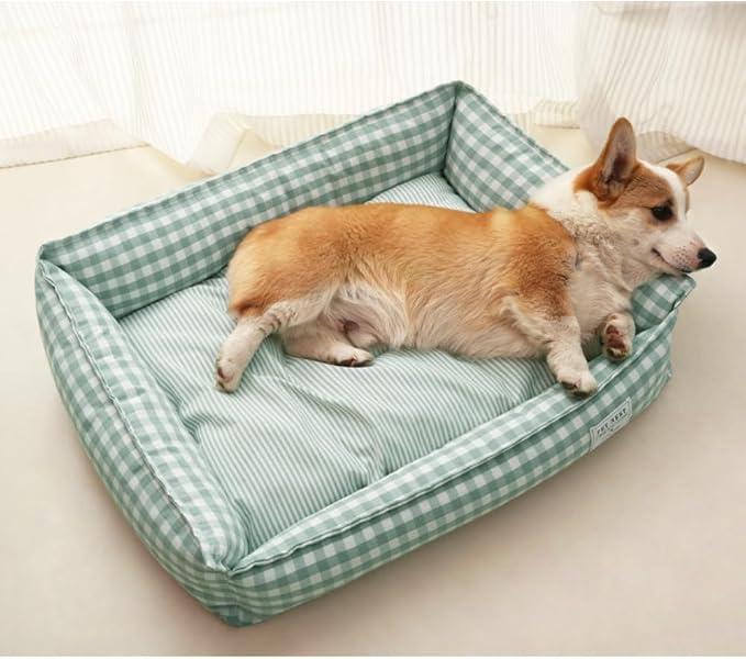 Orthopedic Rectangle Dog Bed for Medium Small Dogs, Plaid Plush Modern Puppy Sofa Bed with Anti-Slip Bottom, Cute Calming Pet Bed(Green,Large)