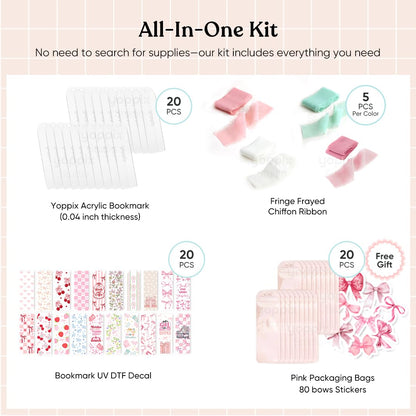 YOPPIX 6x2” Acrylic Bookmark Blanks- 20 Set Bookmark Making Kit with 20 UV DTF Stickers About Bow Theme 20 Ribbon 80 Bookish Stickers for DIY Your Crafts Gift for Book Lover
