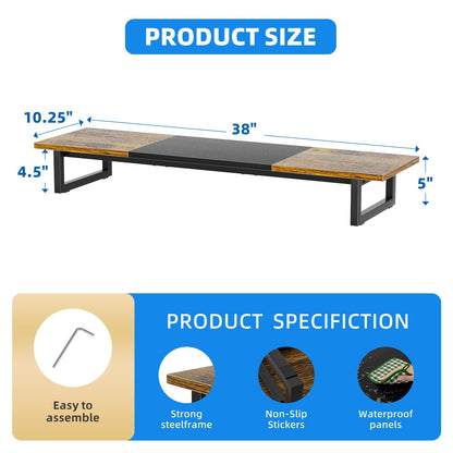 Simple Trending 38 Inch Dual Monitor Stand Riser, Wood and Steel Desk Organizer for 2 Monitors, Home Office, Rustic Brown