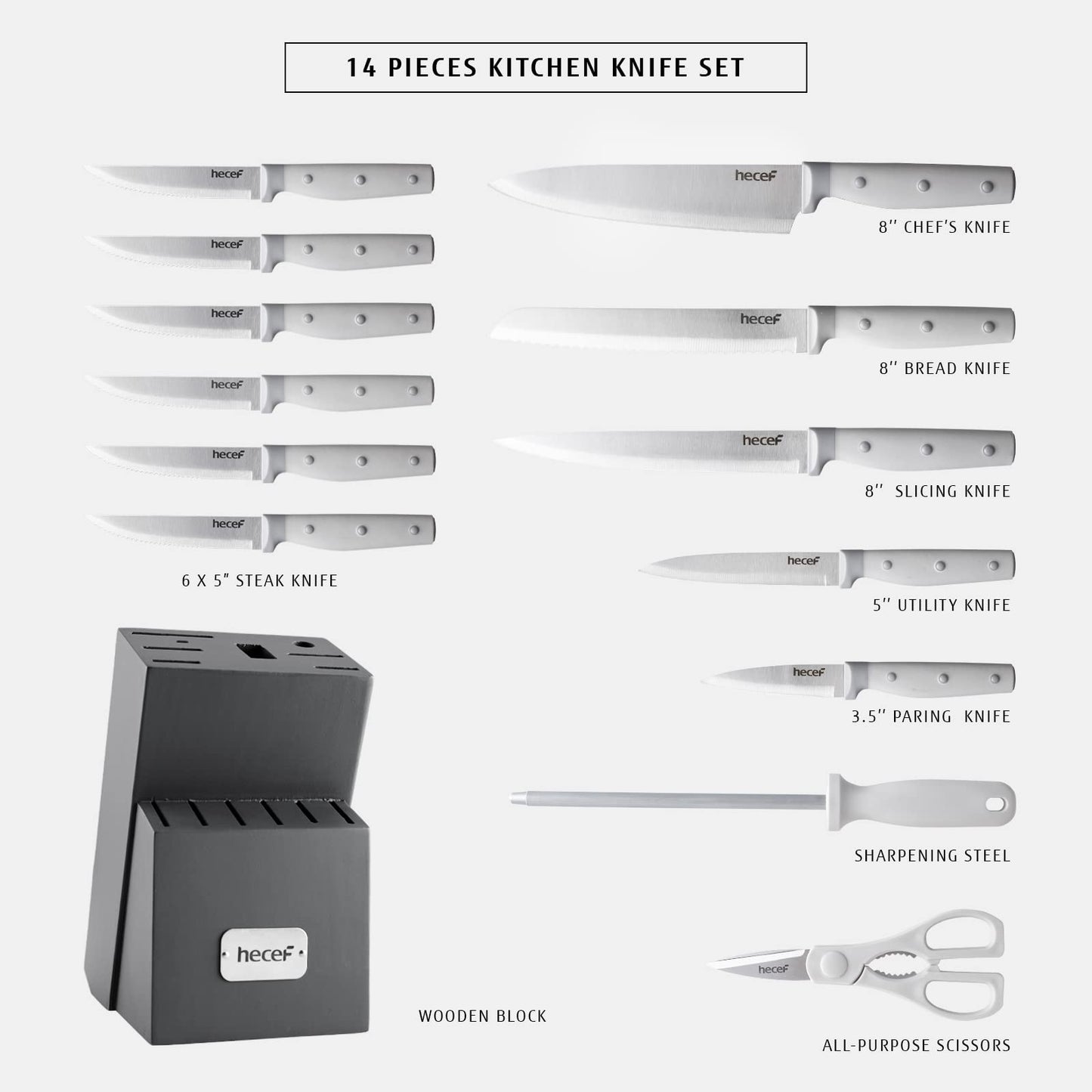 hecef Kitchen Knife Block Set, 14 Pieces Knife Set with Wooden Block & Sharpener Steel & All-purpose Scissors, High Carbon Stainless Steel Cutlery Set (Yellow)